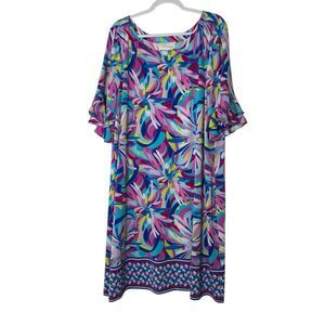 Pappagallo Dress Women 3X Plus Preppy Abstract Colorful‎ Bright Stretch Ruffle